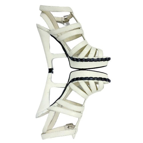 YVES Saint Laurent White Leather Strappy T Strap Heel Sandals, 36.5