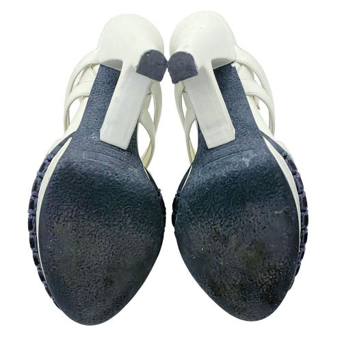 YVES Saint Laurent White Leather Strappy T Strap Heel Sandals, 36.5