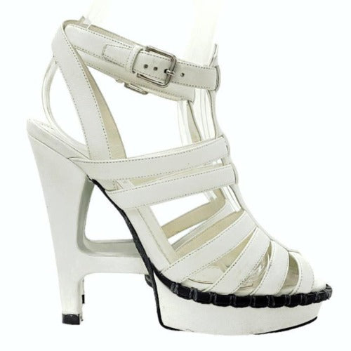 YVES Saint Laurent White Leather Strappy T Strap Heel Sandals, 36.5