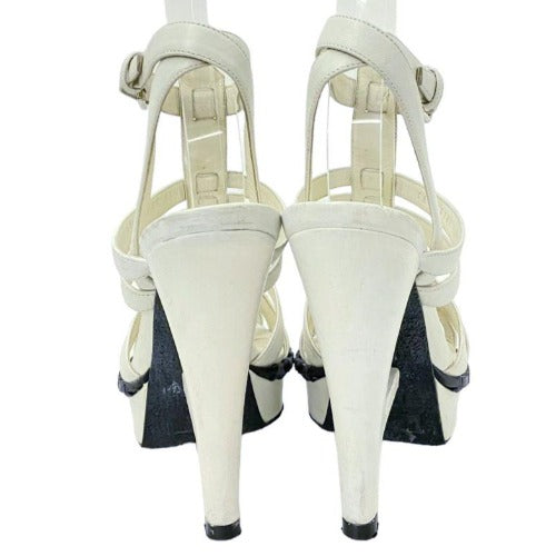 YVES Saint Laurent White Leather Strappy T Strap Heel Sandals, 36.5
