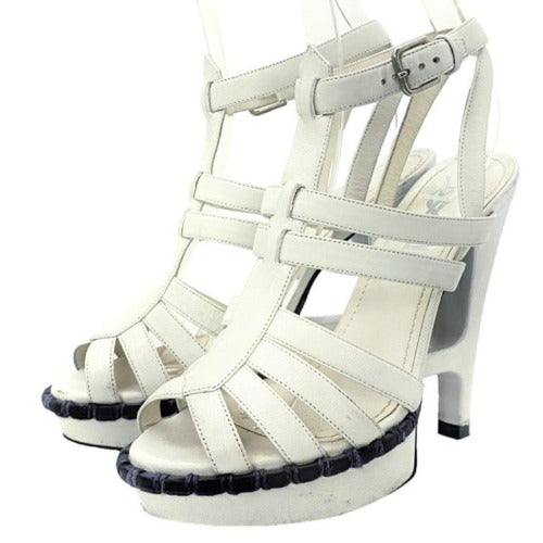 YVES Saint Laurent White Leather Strappy T Strap Heel Sandals, 36.5