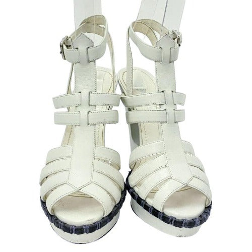 YVES Saint Laurent White Leather Strappy T Strap Heel Sandals, 36.5