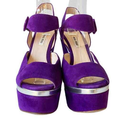 MIU MIU Purple Suede Ankle Strap Platform Wedge Sandals, Size 38