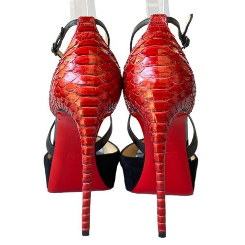 CHRISTIAN LOUBOUTIN Cross Me Black Suede & Red Python Platform Sandals, Size 37.5
