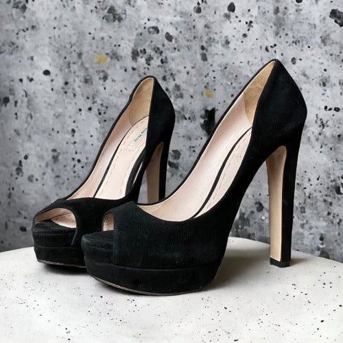 MIU MIU Black Suede Platform Peep Toe Pumps, Size 39