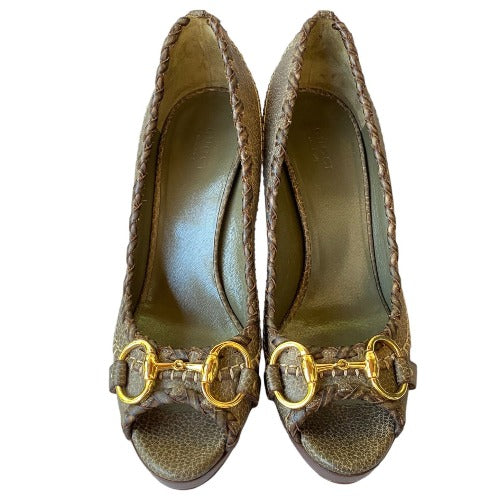 GUCCI Taupe Brown Leather Hollywood Horsebit Peep Toe Platform Pumps, Size 37.5
