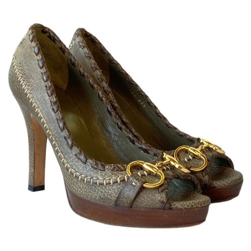 GUCCI Taupe Brown Leather Hollywood Horsebit Peep Toe Platform Pumps, Size 37.5