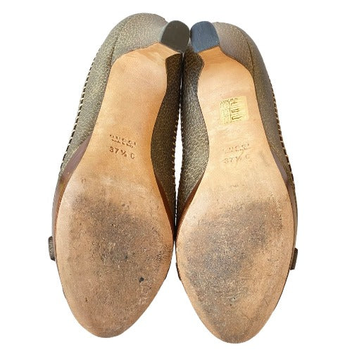 GUCCI Taupe Brown Leather Hollywood Horsebit Peep Toe Platform Pumps, Size 37.5