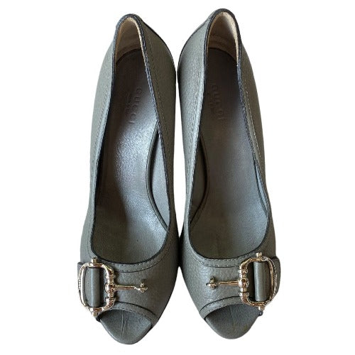 GUCCI Cellarius Grey Leather, Silver Horsebit Buckle Peep Toe Pumps, Size 36