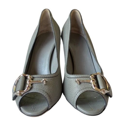 GUCCI Cellarius Grey Leather, Silver Horsebit Buckle Peep Toe Pumps, Size 36