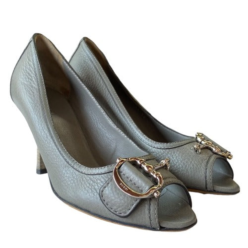 GUCCI Cellarius Grey Leather, Silver Horsebit Buckle Peep Toe Pumps, Size 36