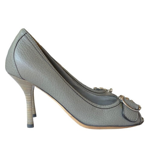 GUCCI Cellarius Grey Leather, Silver Horsebit Buckle Peep Toe Pumps, Size 36