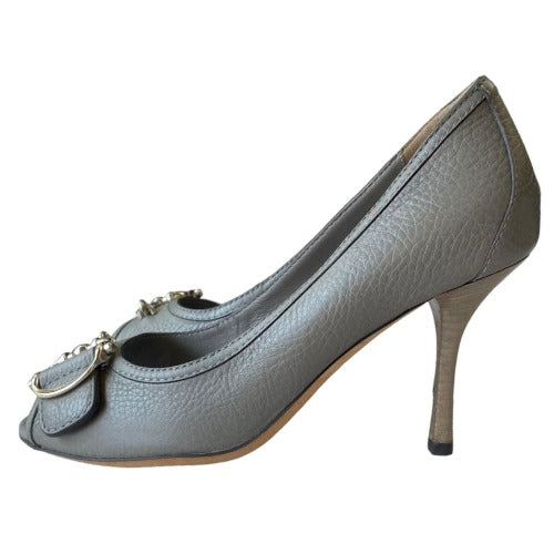 GUCCI Cellarius Grey Leather, Silver Horsebit Buckle Peep Toe Pumps, Size 36