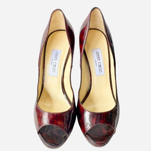 JIMMY CHOO Luna Tortoise Shell Burgundy Patent Leather Peep Toe Pumps, Size 39