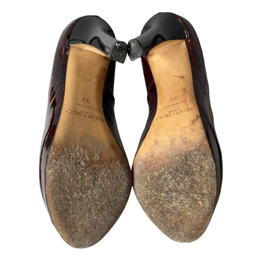 JIMMY CHOO Luna Tortoise Shell Burgundy Patent Leather Peep Toe Pumps, Size 39