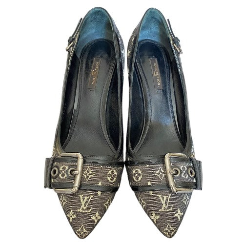 LOUIS VUITTON Gray Denim Monogram Buckle Pointed Toe Pumps, Size. 37.5
