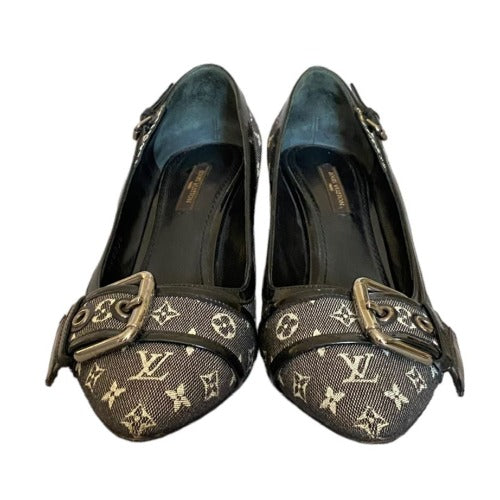 LOUIS VUITTON Gray Denim Monogram Buckle Pointed Toe Pumps, Size. 37.5