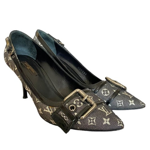 LOUIS VUITTON Gray Denim Monogram Buckle Pointed Toe Pumps, Size. 37.5
