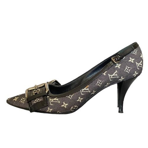 LOUIS VUITTON Gray Denim Monogram Buckle Pointed Toe Pumps, Size. 37.5