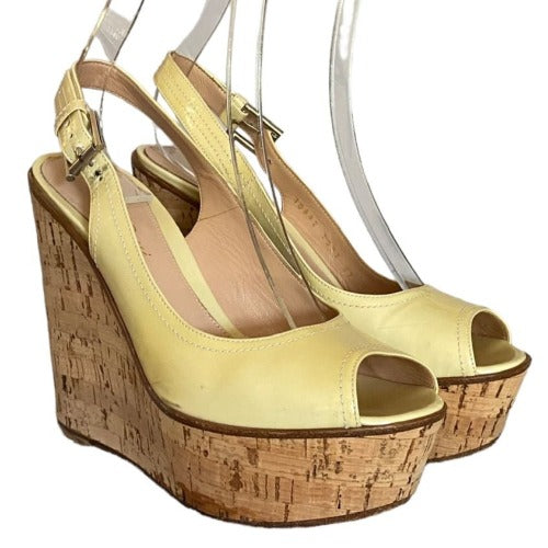 GIANVITO ROSSI Cream Patent Leather Slingback Cork Wedge, Size 37