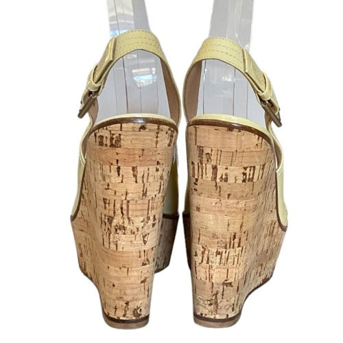 GIANVITO ROSSI Cream Patent Leather Slingback Cork Wedge, Size 37