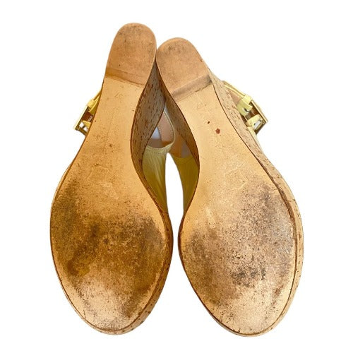 GIANVITO ROSSI Cream Patent Leather Slingback Cork Wedge, Size 37
