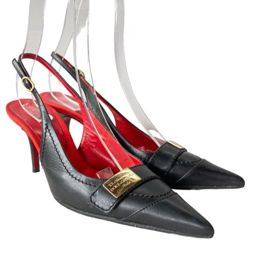 DOLCE & GABBANA XX Anniversary Black Leather Slingback Pointed Toe Pumps, 37.5