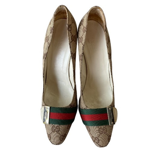 GUCCI Beige Canvas GG Monogram Web Detail Almond Toe Heels, Size 36.5