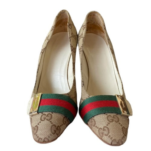 GUCCI Beige Canvas GG Monogram Web Detail Almond Toe Heels, Size 36.5
