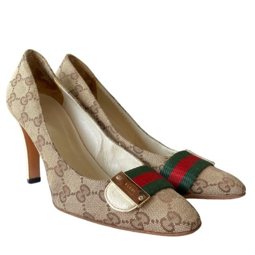 GUCCI Beige Canvas GG Monogram Web Detail Almond Toe Heels, Size 36.5