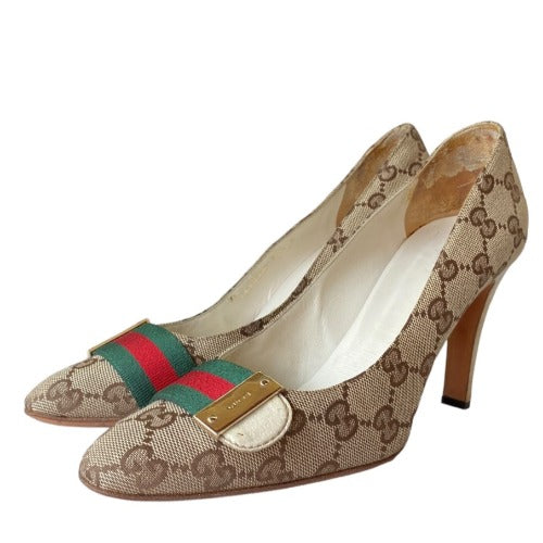 GUCCI Beige Canvas GG Monogram Web Detail Almond Toe Heels, Size 36.5