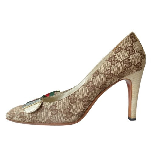 GUCCI Beige Canvas GG Monogram Web Detail Almond Toe Heels, Size 36.5