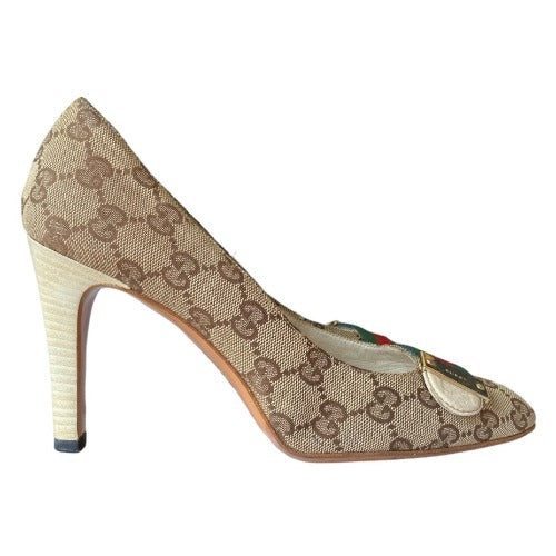 GUCCI Beige Canvas GG Monogram Web Detail Almond Toe Heels, Size 36.5