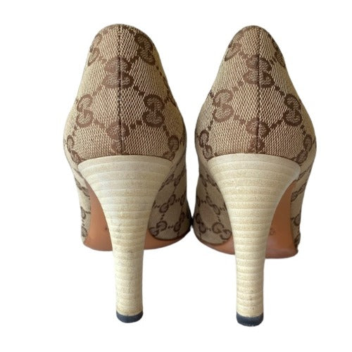 GUCCI Beige Canvas GG Monogram Web Detail Almond Toe Heels, Size 36.5
