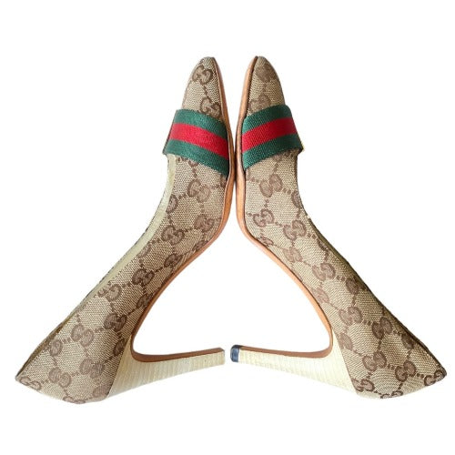 GUCCI Beige Canvas GG Monogram Web Detail Almond Toe Heels, Size 36.5