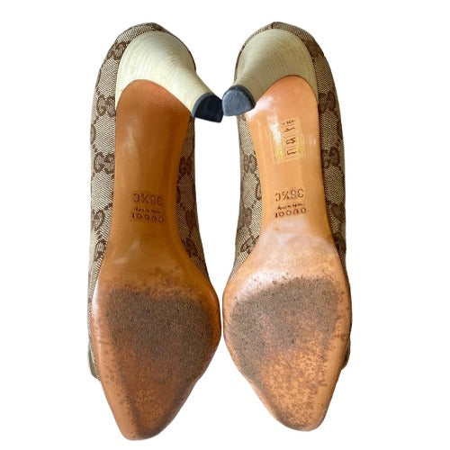 GUCCI Beige Canvas GG Monogram Web Detail Almond Toe Heels, Size 36.5