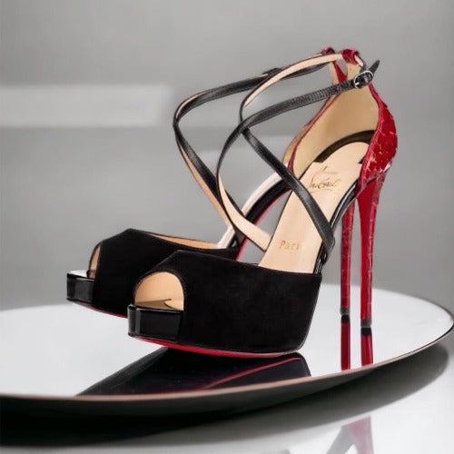 CHRISTIAN LOUBOUTIN Cross Me Black Suede & Red Python Platform Sandals, Size 37.5