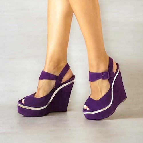 MIU MIU Purple Suede Ankle Strap Platform Wedge Sandals, Size 38