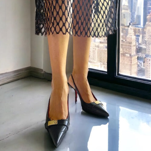 DOLCE & GABBANA XX Anniversary Black Leather Slingback Pointed Toe Pumps, 37.5