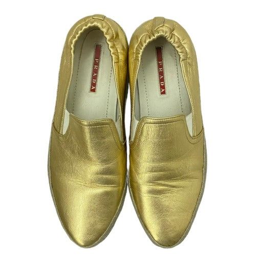 PRADA Metallic Gold Leather Espadrille Flats, Size 36