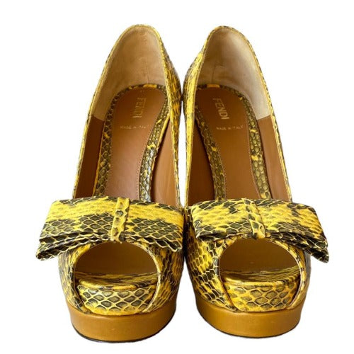 NEW FENDI Yellow & Black Python Leather Bow, Peep Toe Platform Pumps, Size 38