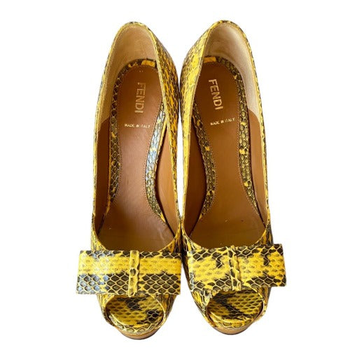 NEW FENDI Yellow & Black Python Leather Bow, Peep Toe Platform Pumps, Size 38