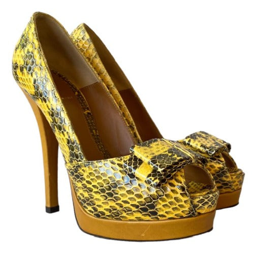 NEW FENDI Yellow & Black Python Leather Bow, Peep Toe Platform Pumps, Size 38