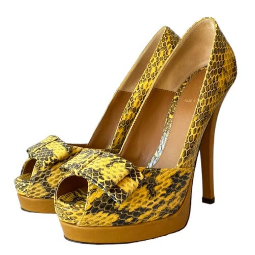 NEW FENDI Yellow & Black Python Leather Bow, Peep Toe Platform Pumps, Size 38