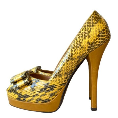 NEW FENDI Yellow & Black Python Leather Bow, Peep Toe Platform Pumps, Size 38