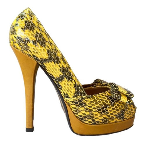 NEW FENDI Yellow & Black Python Leather Bow, Peep Toe Platform Pumps, Size 38