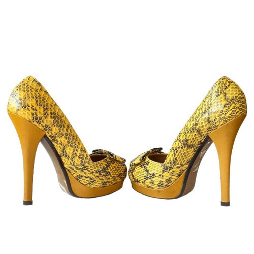 NEW FENDI Yellow & Black Python Leather Bow, Peep Toe Platform Pumps, Size 38