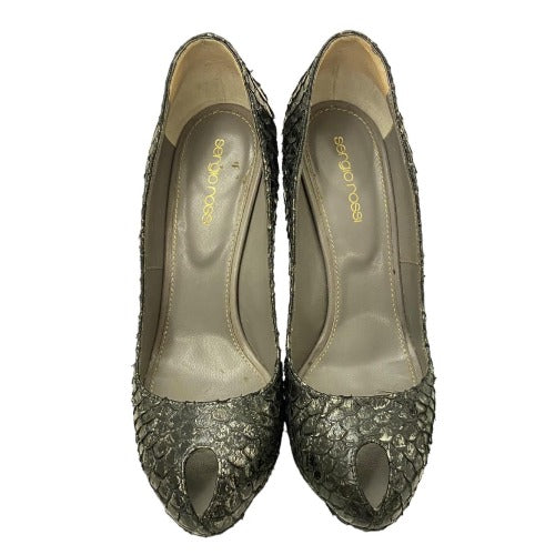 SERGIO ROSSI Gray Python Leather Peep Toe Platform Pumps, Size 37