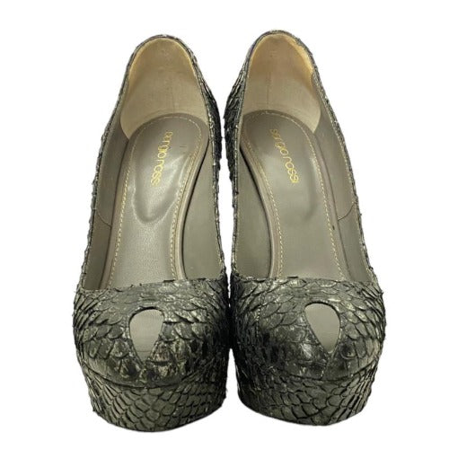 SERGIO ROSSI Gray Python Leather Peep Toe Platform Pumps, Size 37