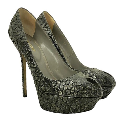 SERGIO ROSSI Gray Python Leather Peep Toe Platform Pumps, Size 37